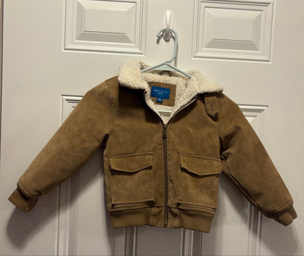 Perry Ellis Boy Size 5 Brown Faux Suede Sherpa Lined Bomber Jacket